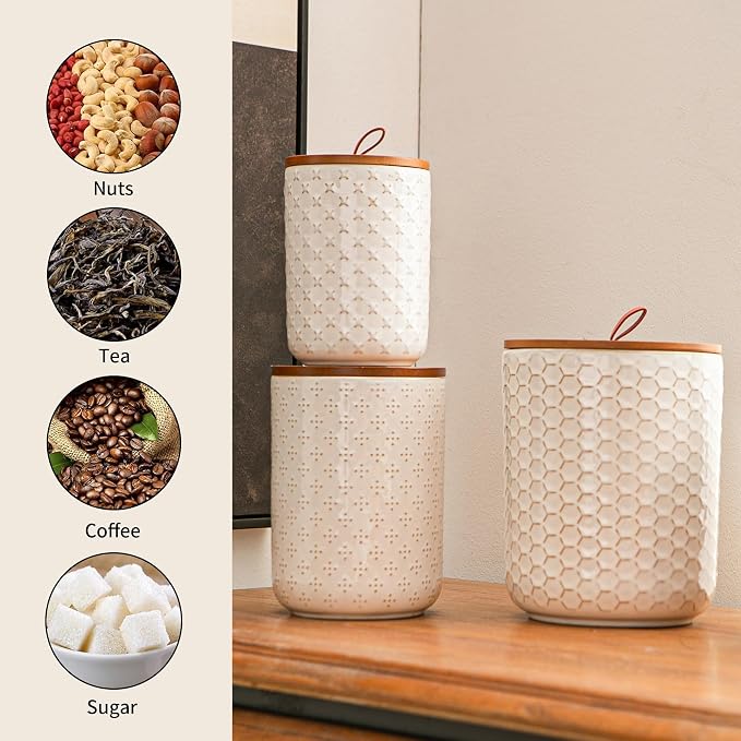 JOJUNO White Ceramic Canister Set with Wooden Lids – 3-Piece Airtight Food Storage Jars for Kitchen, Embossed Design, Small/Medium/Large Sizes (30/48/82 oz) – Flour, Sugar, Coffee, Tea Containers - Image 3