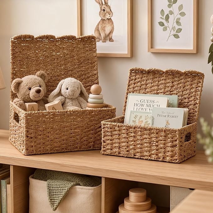 Set of 2 Scalloped Wicker Baskets with Lid,Paper Rope Decorative Storage Baskets for Shelves, Display Shelf, Handmade Cute Woven Basket for Nursery,Living Room Decor - Image 9