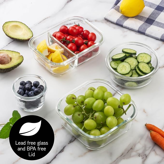 COOK WITH COLOR Premium 32-Pc. Borosilicate Glass Food Container Set with Dividers - 4 Rectangles, 8 Rounds, 4 Squares - Leakproof Lids - Meal Prep, Storage, Ombre Black - Image 5