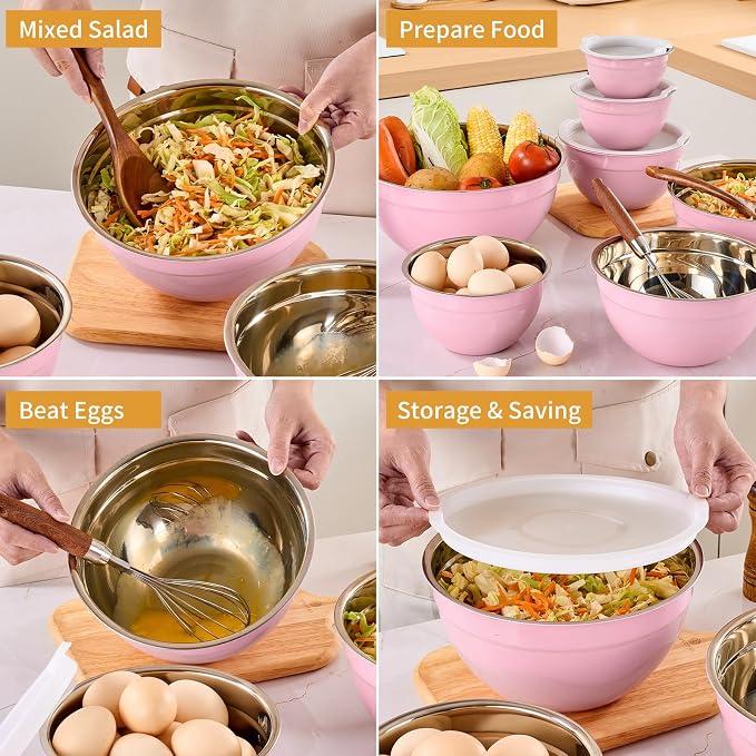 Pink Mixing Bowls with Airtight Lids, Stainless Steel Nesting Mixing Bowls Set of 7, Ideal for Baking, Prepping and Serving Food, Size 7, 3.6, 2.7, 2.1, 1.5, 1.1,0.8 QT, Stackable Design - Image 5