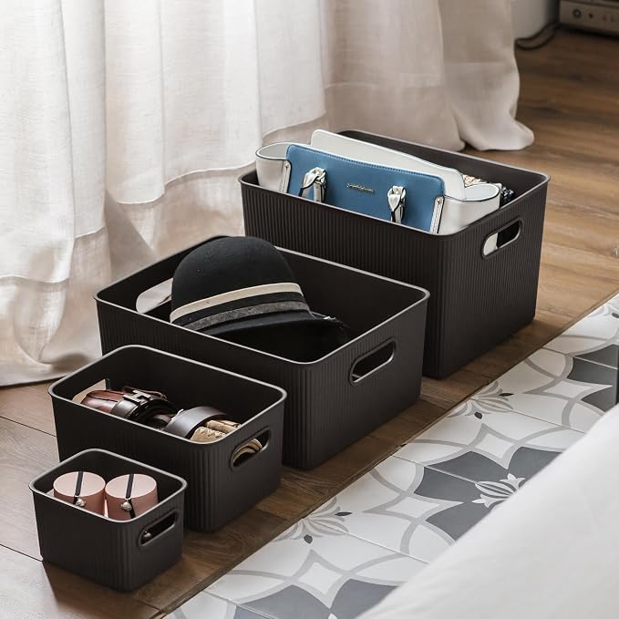 Superio Ribbed Collection - Decorative Plastic Basket Open Home Storage Bins Organizer, Brown (Set of 4) 1 Large, 1 Medium, 2 Small - Container Boxes for Organizing Closet Storage Bins for Shelves - Image 5