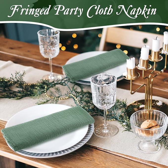 48 Pcs Cotton Linen Cloth Napkins with Fringe 16.5 x 16.5 Inch Square Rustic Dinner Linen Napkins Bulk for Wedding Party Banquet Dinner(Green) - Image 6