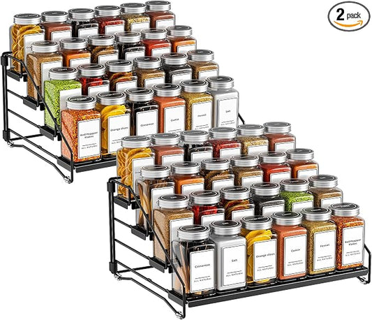 BOIVSHI 4 Tier Spice Rack Organizer, Spice Rack for Cabinet, Adjustable Depth Seasoning Shelf for Countertop, Pantry, Seasoning Organizer, Metal, Black (2 Pack) by BOIVSHI