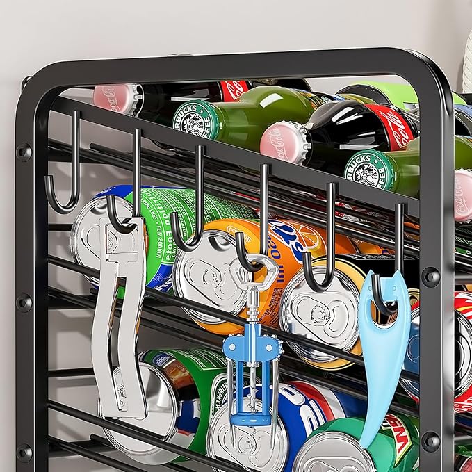 6-Tier Stackable Soda Can Rack Organizer for Pantry, Black, 2 Pack | Adjustable Can Dispenser Holds Up to 60 Cans, with 12 Hooks,Can Storage Holder for Various Ounces of Canned Food Soda Drinks - Image 6