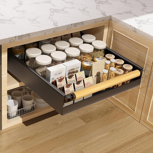 Pull Out Cabinet Organizer, 15.3'' Deep Expandable Slide Out Cabinet Organizer Fixed with Adhesive Nano Film, Slide Out Drawers Pull Out Tray for Cabinet in Kitchen, Pantry, Bathroom, Black by Upesitom