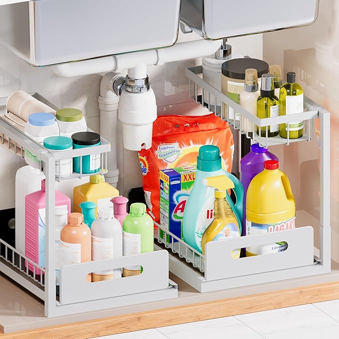 Under Sink Organizer and Storage 2 Pack, Slide Out Cabinet Organizer, Pull Out Sink Shelf for Kitchen Bathroom Laundry, White by VUSIGN