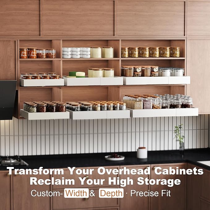 Fokyfok Pull out Cabinet Organizer,18"-25"W,10"-13"D,Expandable,Adhesive | No Drill,Upper Cabinet,Adjustable Slide out Drawers for Pantry,Roll out Shelves Short,Framless Cabinets,Kitchen,White,1PC - Image 5
