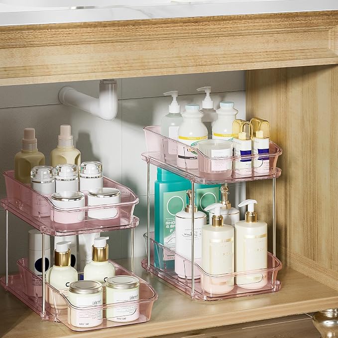 Delamu 2-Tier Under Sink Organizers and Storage, Multi-Purpose Stackable Bathroom Cabinet organizers, Pull Out Kitchen Pantry Organization and Storage with Dividers(2 Pack, Pink) - Image 2