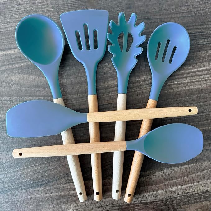 Silicone Cooking Utensils Set 6Pcs Heat Resistant Silicone Kitchen Utensils Set for Cooking Spatula Spoon Turner Ladle w Wooden Handle, BPA FREE Kitchen Gadgets for Nonstick Cookware & Baking - Image 6
