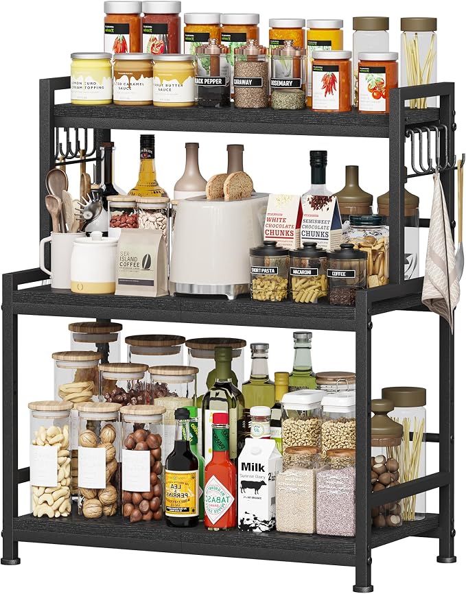 23.6"W Large Kitchen Countertop Organizer, 3 Tier Spice Rack Organizer with Adjustable Shelf and 10 Hooks, Wooden Counter Organizer, Countertop Shelf Microwave Stand for Kitchen, Coffee Bar, Black by Homeiju