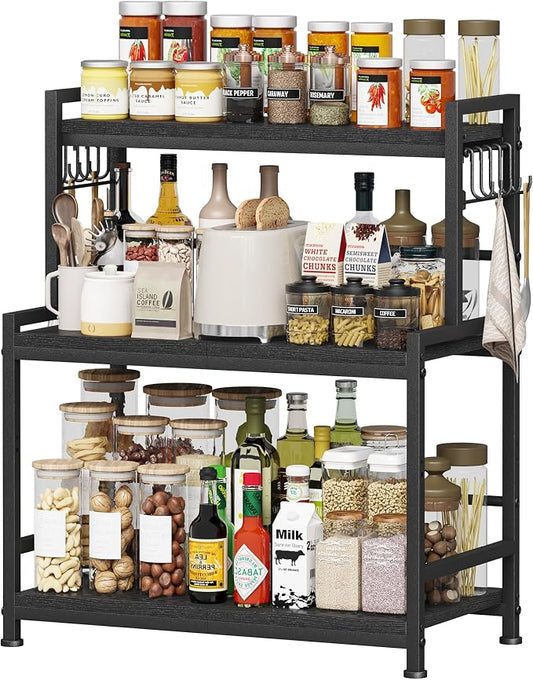 23.6"W Large Kitchen Countertop Organizer, 3 Tier Spice Rack Organizer with Adjustable Shelf and 10 Hooks, Wooden Counter Organizer, Countertop Shelf Microwave Stand for Kitchen, Coffee Bar, Black by Homeiju