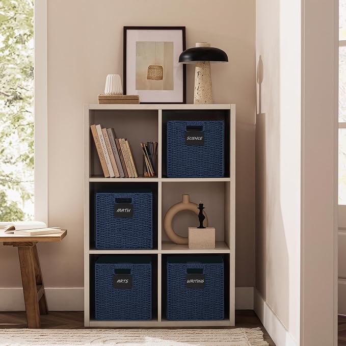 UBBCARE 4 Pack Wicker Basket, 10.5×10.5 Storage Cubes with Label, Foldable Cube Storage Bin with Handle, Square Storage Basket for Shelves, Woven Paper Rope Basket for Organizing, Blue - Image 4