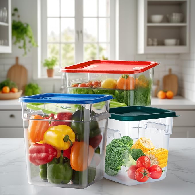 4 Pack 12QT Square Food Storage Containers with Lids | Clear NSF polycarbonate containers with scale, label and measuring cup, stackable for prep, storage, freezer. Dishwasher safe - Image 8