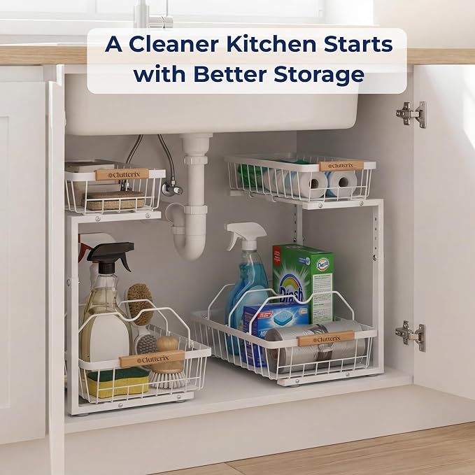 Under Sink Organizer with Motion-Activated LED Lights, 2 Pack, 2 Tier Sliding L-Shaped Carbon Steel Rack with Adjustable Height, Dividers & Hooks (White) - Image 3