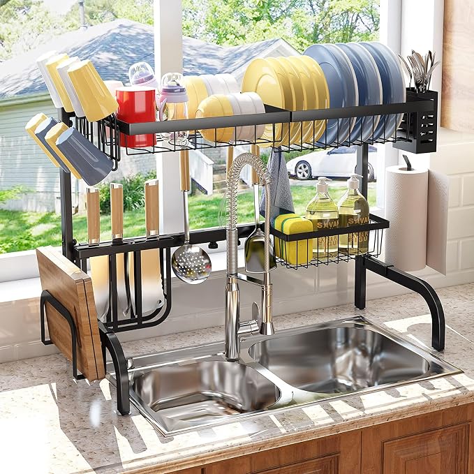 Over The Sink Dish Drying Rack, Adjustable 25.5-33.5 in, 2-Tier, Black | All-in-One Large Capacity, Snap-On Design for Flexible Use, Strong Metal Frame, Non-Slip Feet, Fits Sinks Up to 33" W - Image 2
