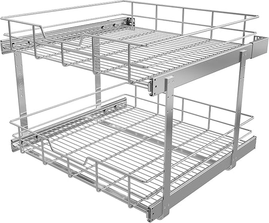 2 Tier Pull Out Cabinet Organizer 24" W X 22" D, Chromed, Full Slide Out | For Kitchen Organizers and Storage, Pull Out Drawers For Cabinets Capacity Heavy Duty Caddy, Cabinet Shelves, Bathroom Pantry by STORKING