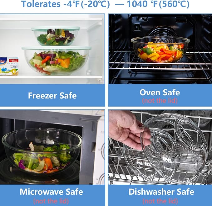 WhiteRhino 8 Piece Glass Bowls with Lids, Heat Resistant Glass Mixing Bowls Set (3.7QT, 2.1QT, 1.1QT, 0.53QT), Clear Salad Bowls with BAP-Free Lids for Kitchen, Oven Microwave Dishwasher Safe - Image 3