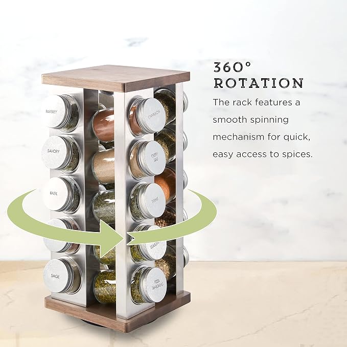 Kamenstein 20 Jar Vintage Revolving Countertop Spice Rack Organizer with Spices Included, FREE Spice Refills for 5 Years, Wood and Stainless Steel with Metal Caps - Image 4