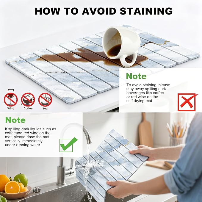 Stone Drying Mat for Kitchen Counter, Quick Diatomaceous Earth Mats for Dishes, 24"L x 16" W Super Absorbent Fast-Drying Collapsible Countertop Stone Mat (Marble White-09, 24" x 16") - Image 6