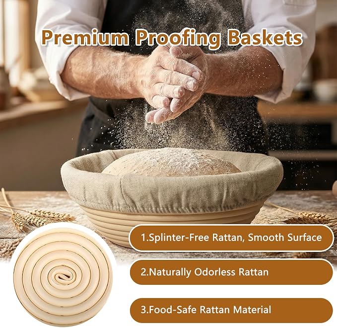 Banneton Bread Proofing Basket Set of 2, 9 inch Round | 4 Linen Liners, Rattan Banneton, for Sourdough Bread Baking, for Professionals and Home Bakers - Image 3