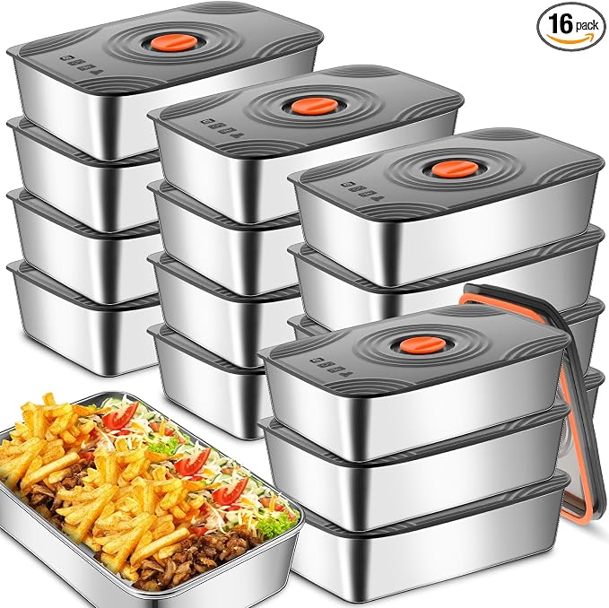 Layhit 16 Sets 60oz Stainless Steel Food Storage Containers with Lids Large Reusable Stackable Metal Container Outdoor Rectangle Fruit Lunch Box for Picnic Travel Dishwasher and Freezer Safe by ShungLan
