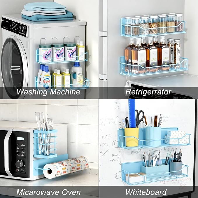 Magnetic Spice Rack for Refrigerator,8 Pack Magnetic Fridge Shelf, Moveable Spice Organizer with Hook Rack, Paper Towel Holder, Utensil Holder,cup lid holder, Super Magnetic Rack Set (Blue) - Image 7