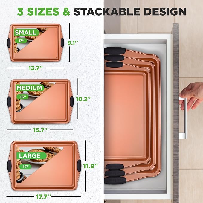 NutriChef 3 Piece Cookie Sheets for Baking - PFOA, PFOS, PTFE Free Nonstick Carbon Steel Bakeware Set - Home Kitchen Bake Pan Cookie Sheet Stackable Baking Sheet w/Black Silicone Handles NCSBS3S45 - Image 3