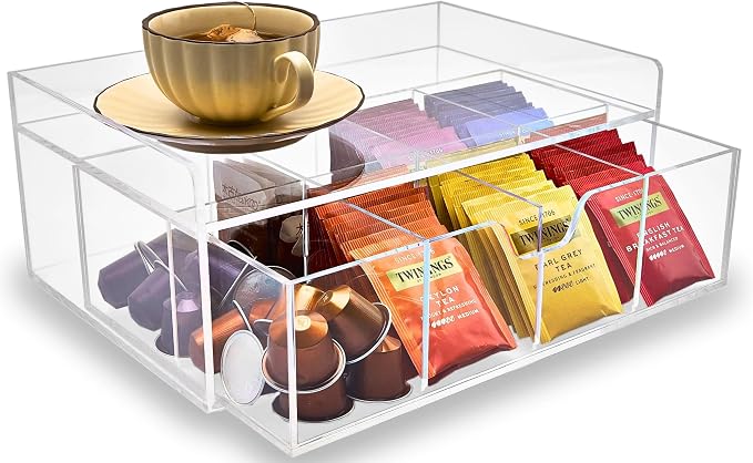 Heavy-Duty Acrylic Tea Station with 8-Compartment Drawer Organizer | Versatile Design: Features a smooth-sliding drawer with 8 compartments, plus a sturdy station top for coffee pods or mugs by Meicloud
