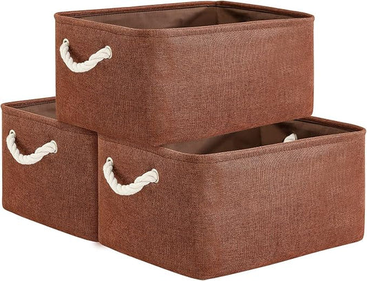 Decorative Basket Rectangular Fabric Storage Bin Organizer Basket with Handles for Clothes Storage (Brown,Large-3Pack,15.7L*11.8W*8.3H) by TheWarmHome