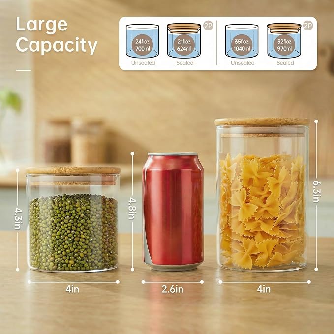 32oz & 21oz - 4 Pack Glass Jars with Bamboo Lids, Glass Pantry Storage Containers with Airtight Lids, Round Air Tigh Food Storage Canisters for Cereal, Pasta, Flour, Sugar, Best for Kitchen Organizer - Image 3