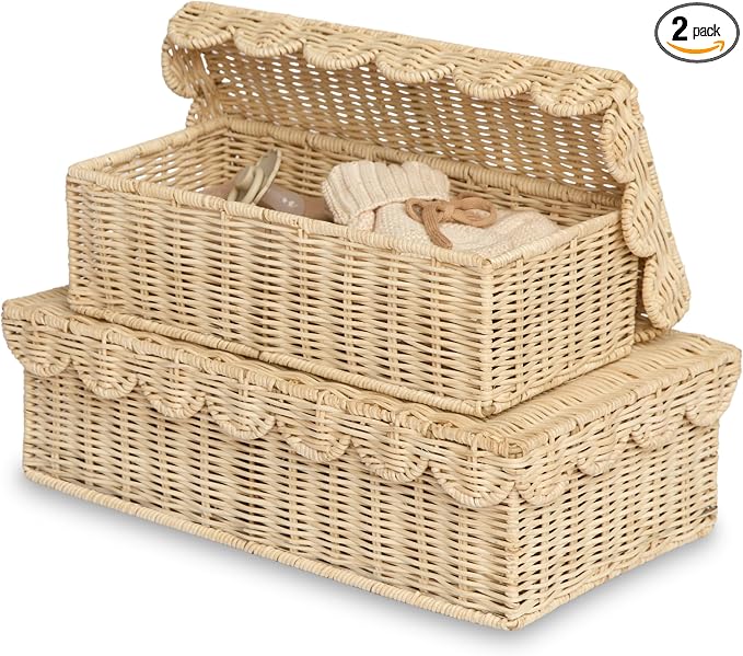 BEBE BASK Stackable Decorative Storage Boxes with Lid, Set of 2-14×8×4 in | Handwoven, Scalloped Wicker Basket for Home Decor, Baby Keepsake Box & Memory Box for Keepsakes for Nursery by BEBEBASK%C2%AE