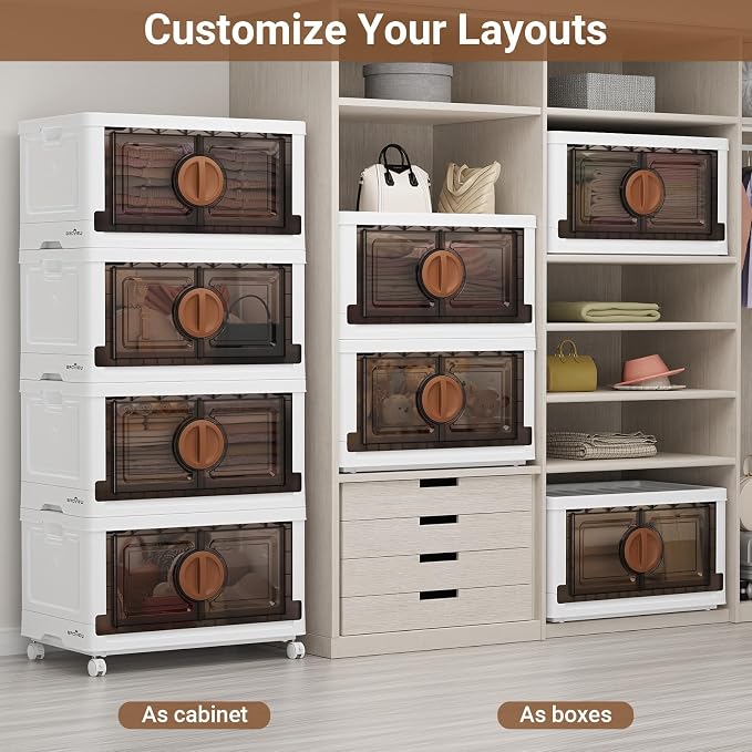 BROVIEW 480Qt Lockable Stackable Storage Bins with Lids, Closet Organizers and Storage Drawer, Collapsible Storage Bin with Wheels, Plastic Cabinet for Toy Clothes Dorm Organizer, V9 4 Pack Brown - Image 8