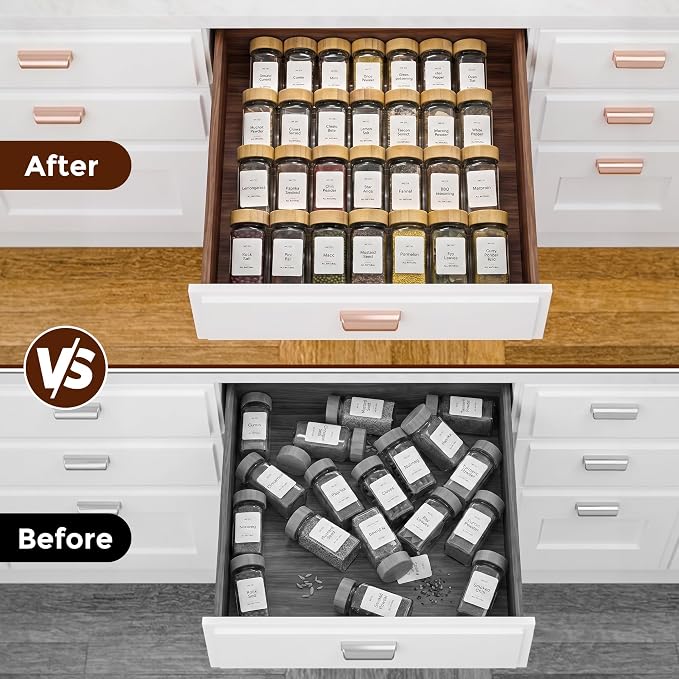 Acrylic Spice Drawer Organizer with 28 Spice Jars and 216 Labels,Non-slip Rubber, 4 Tier Spice Racks Tray Seasoning Containers for Kitchen Drawers,Cabinets,Countertops,13" Wide * 18" Deep - Image 7