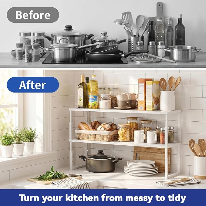2 Packs Expandable Cabinet Shelf Organizer, Stackable Countertop Shelves | 15.8''- 25.5'' In Cabinet Shelf, Adjustable Kitchen Cabinet Organizer for Pantry Organizer, CupBoard Organizers and Storage - Image 2