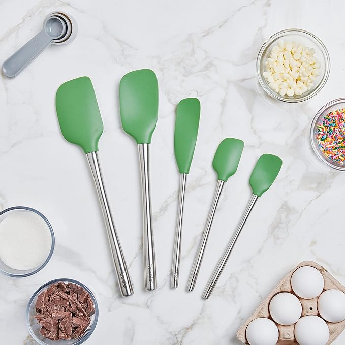 Tovolo Stainless Steel Handled Silicone Spatula Set of 5 Pesto Green, Dishwasher Safe Kitchen Spatula Set for Cooking Baking, Non Toxic BPA Free Silicone Spatula set with Metal Steel Handle - Image 4