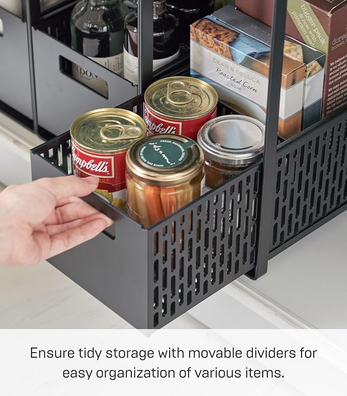 YAMAZAKI Home 2-Tier Storage Basket, Under-Sink Storage, ABS Plastic, Black | Two-tier sliding baskets organizer rack designed for pantry or under-sink storage. Sturdy organization. - Image 6