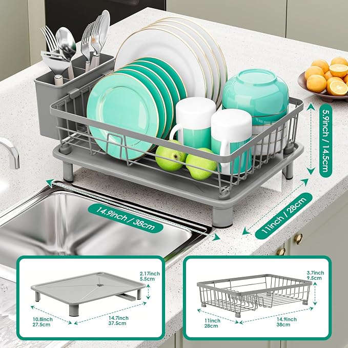 Dish Drying Rack, Stainless Steel-Dish Rack, (gray-11 W x 15" L) | Dish Racks for Kitchen Counter, Kitchen Dish Drainers with Removable Utensil Holder,New drain outlet, - Image 3