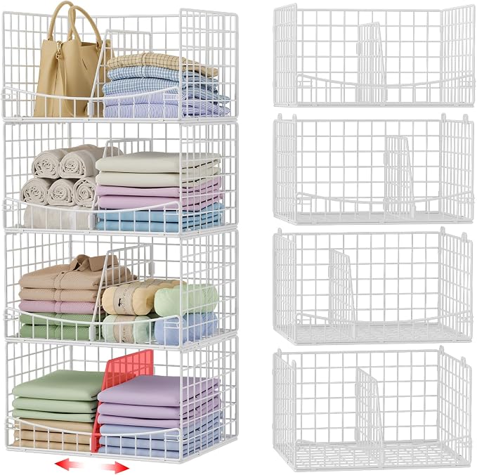 Hongtamoya 4-Tier Closet Organizers and Storage Basket with Divider, Foldable Closet Shelf Organizer System, Space-Saving Clothes Storage Drawer Organizer Bins for Wardrobe Cupboard, White by Hongtamoya