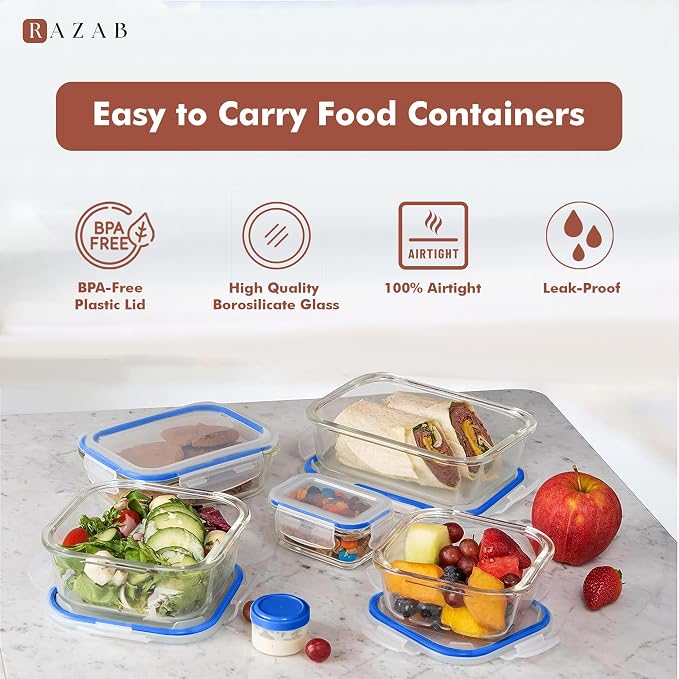 Razab 35 Pc Set Glass Food Storage Containers with Lids - Meal Prep Airtight Bento Boxes BPA-Free 100% Leak Proof (15 lids,15 glass & 5 Plastic Sauce/Dip Containers) - Image 7