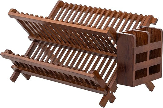 HBlife Dish Rack,Teak Folding 2-Tier Collapsible Drainer Dish Drying Rack with Utensils Flatware Holder Set (Dish Rack with Utensil Holder) by HBlife