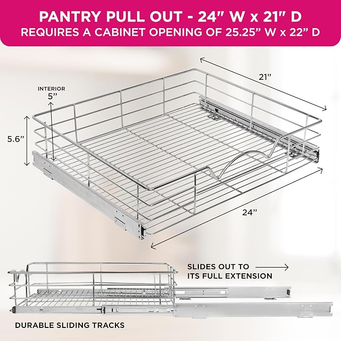 HOLDN’ STORAGE Pull Out Cabinet Organizer, Pantry Drawer, 24"W x 21"D x 5"H | Heavy-Duty Full-Extension, Roll Out Shelf for Pots, Pans & Under Sink Storage, Chrome, Require a 25.25"W Cabinet Opening - Image 3