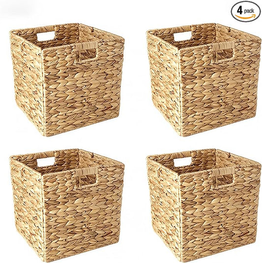12x12in Storage Baskets,Set of 4 Water Hyacinth Baskets,Wicker Cube Baskets Laundry Organizer,Foldable Handwoven Storage Cubes,for Cube Shelf,Collapsible Laundry Baskets Pantry,Living Room,Bedroom by OrgaNatureQueen