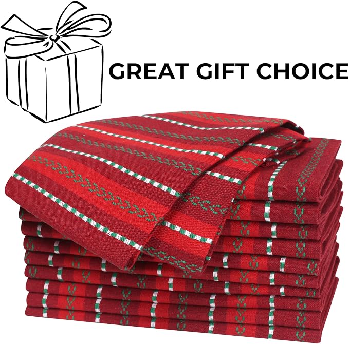 Bedding Craft Cotton Cloth Napkins Set of 12-18x18 Inch Machine Washable Dinner Napkins, Set of 12 Red Green Multi Salsa Stripe Napkins, Wedding Napkins, Cotton Cloth Napkins for Everyday Use - Image 9
