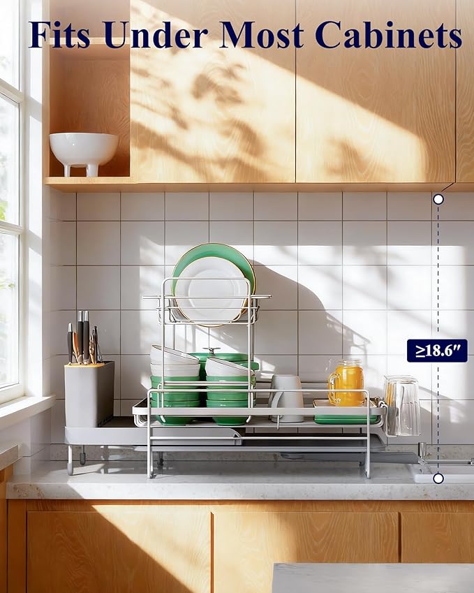 Kitsure Extendable Dish Drying Rack, 19.2"-26.7" L x 12.9" W, 2-Tier | Large Dish Rack, Multifunctional Dish Rack for Kitchen Counter, Anti-Rust Dish Drainers with Cutlery & Cup Holders,Grey - Image 7