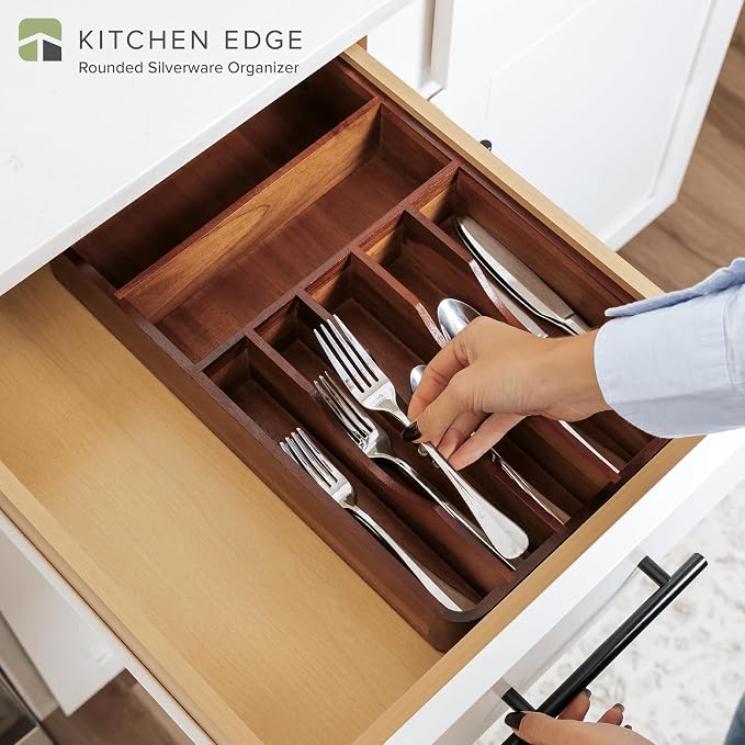 Silverware & Utensil Organizer, Fixed 10.5 in, Acacia | Cutlery, flatware holder, rounded corners, 7 compartments, non-slip feet, kitchen drawers - Image 2