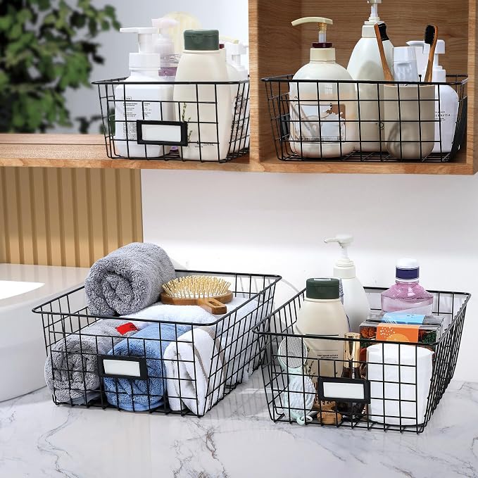8 Set, Extra Large Wire Baskets for Organizing with Lables, Cabinet Pantry Organization and Storage Bins - Metal Basket for Kitchen, Laundry, Garage, Fridge, Bathroom Countertop Organizer, Black - Image 4