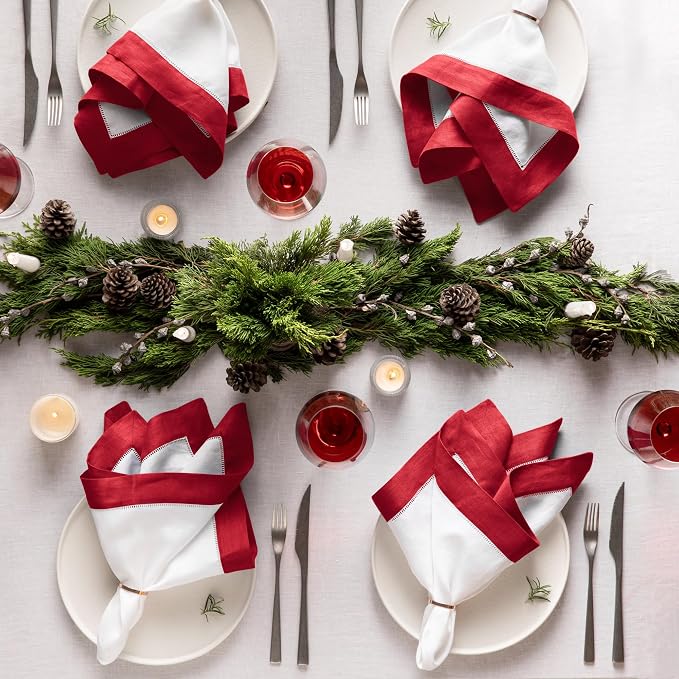 Linen Napkins 20 x 20 inch - 100% Flax Linen White and Red Dinner Napkins Cloth Set of 4 - Hemstitch Napkins Cloth Washable for Valentines Day, Winter and Spring Decor - Image 5