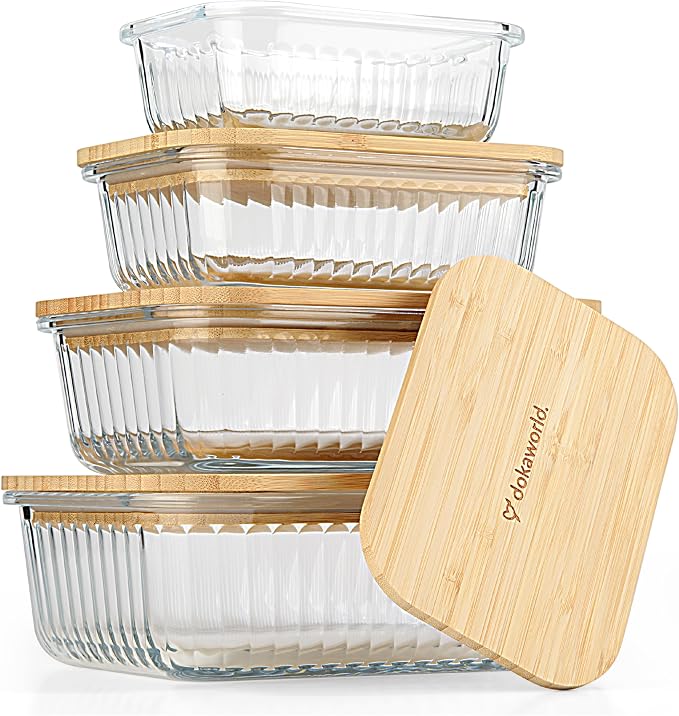Ribbed Glass Tupperware Set with Bamboo Lids - 4 Stackable Meal Prep Containers. Durable heat resistant Inert Borosilicate Glass by Dokaworld