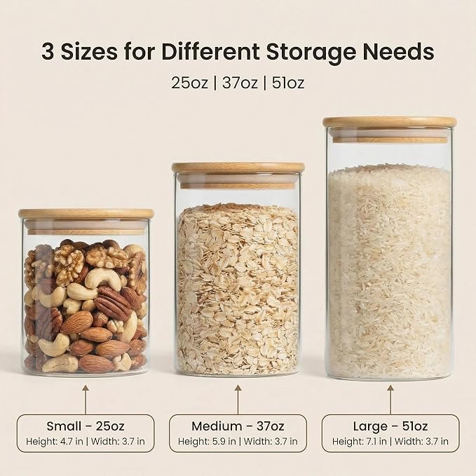 Airtight Glass Storage Containers with Lids 8 Pack, 25/37 /50oz Square Glass Jars with Bamboo Lids, Kitchen Canister Set for Pantry Organization Food Storage for Flour Sugar Rice Pasta Cereal - Image 2