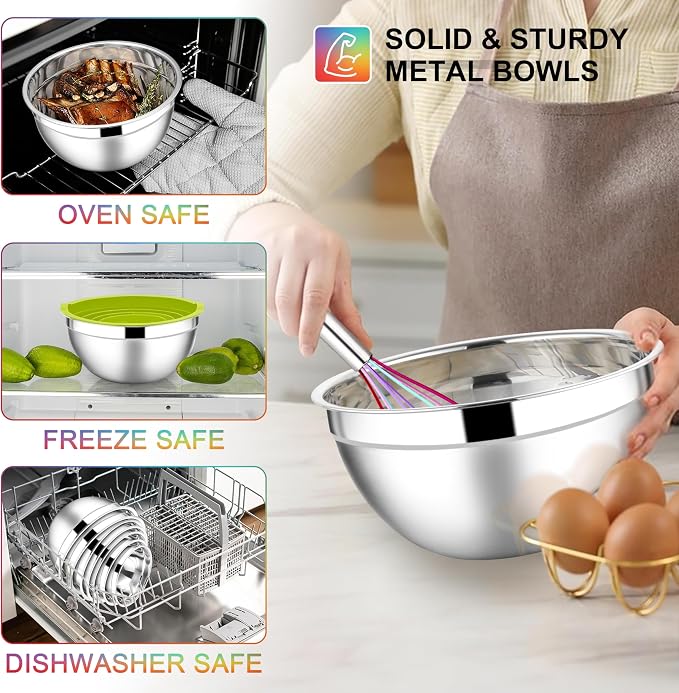 E-far Mixing Bowls with Lids Set, 7-Piece Stainless Steel Mixing Bowls with 3 Grater Attachments, Size 4.6, 3.5, 2.6, 2, 1.5, 1, 0.7QT, Nesting Design & Colorful Airtight Lid, For Baking/Prepping - Image 6